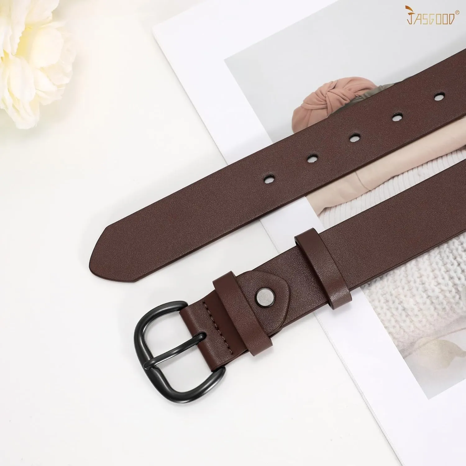 JASGOOD Women Leather Belt for Jeans Pants Gold Buckle Lady Casual Dress Waist Belt
