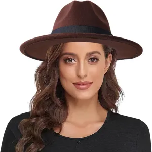 Lanzom Classic Fedora Hats for Women Lady Wide Brim Felt Panama Hat with Belt Buckle