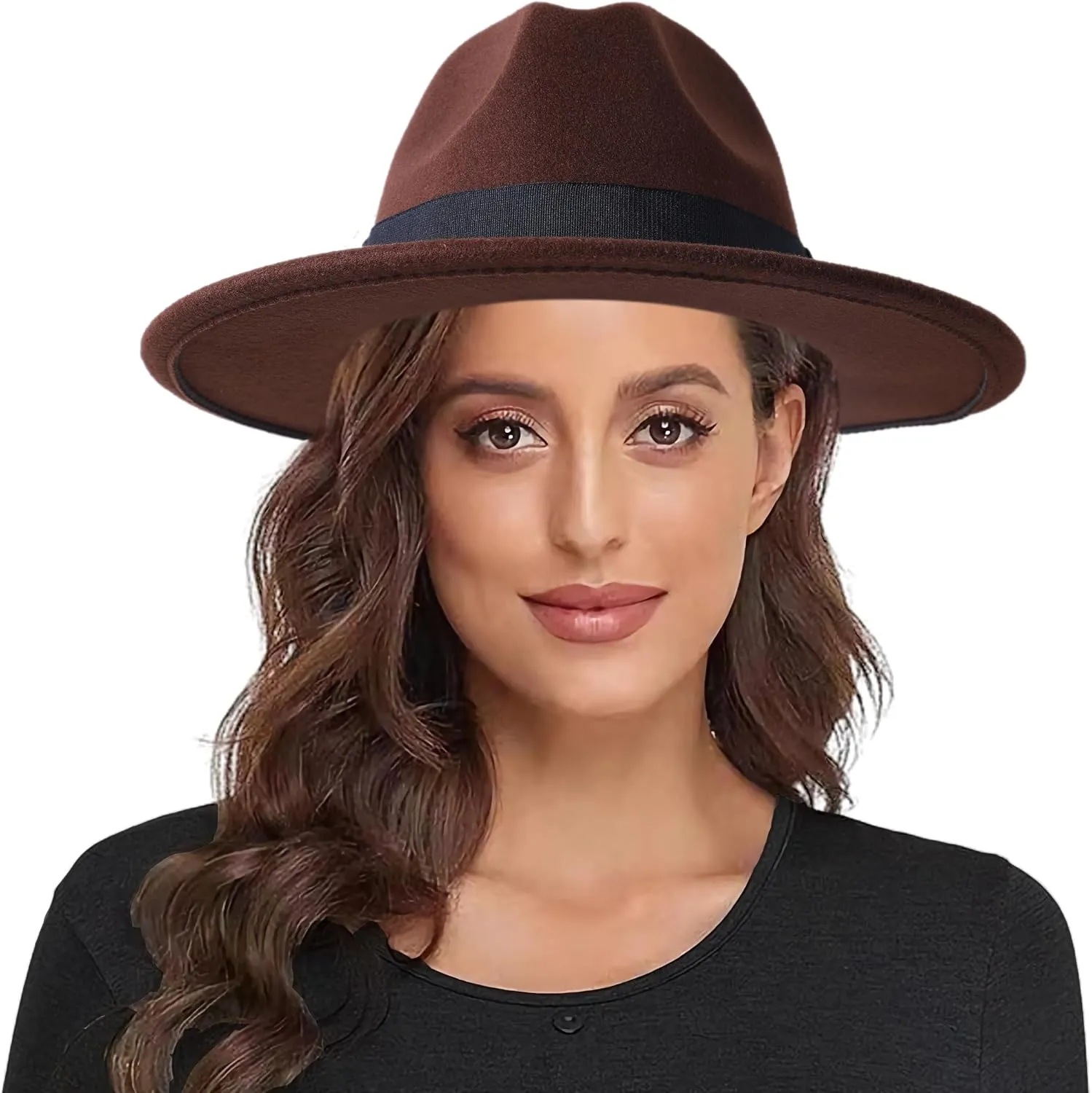 Lanzom Classic Fedora Hats for Women Lady Wide Brim Felt Panama Hat with Belt Buckle