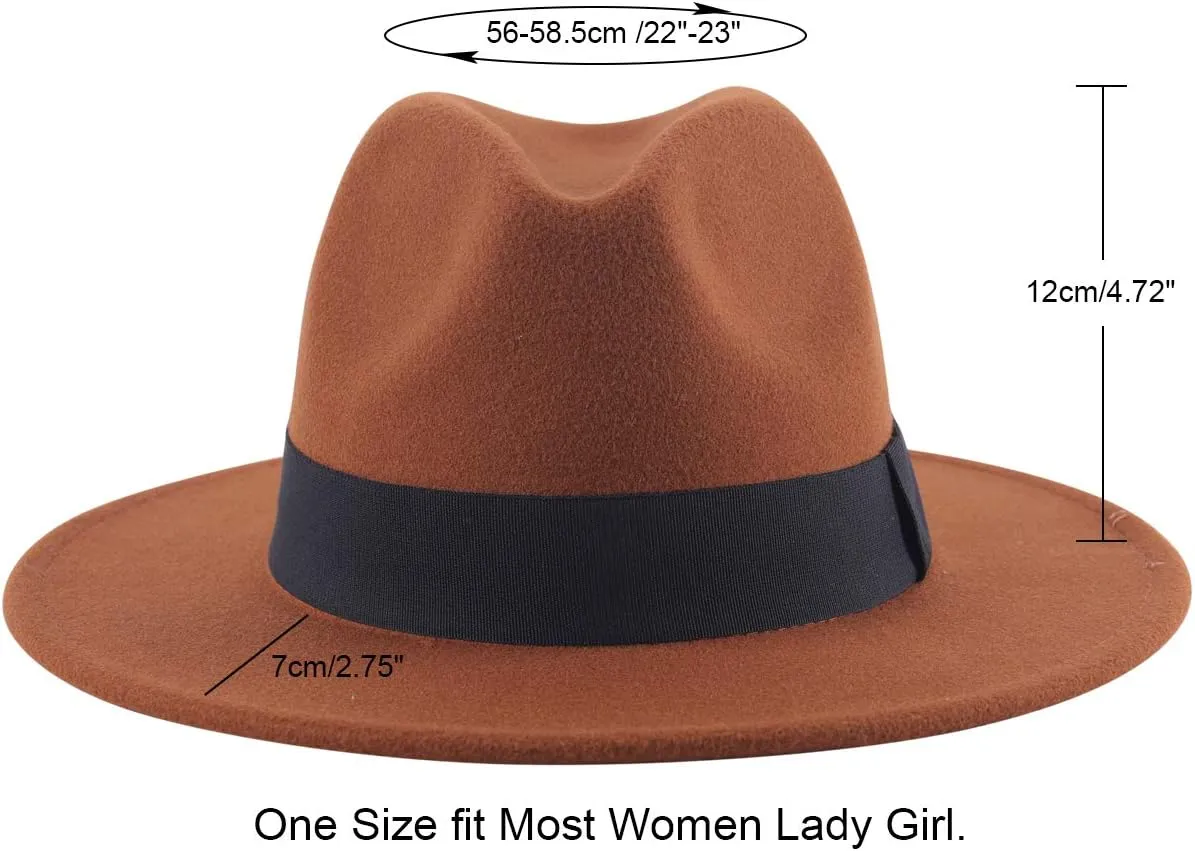 Lanzom Classic Fedora Hats for Women Lady Wide Brim Felt Panama Hat with Belt Buckle