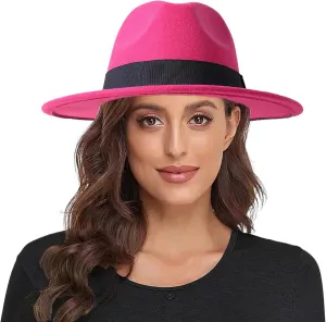 Lanzom Classic Fedora Hats for Women Lady Wide Brim Felt Panama Hat with Belt Buckle