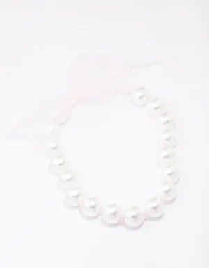 Large Pearl & Pink Chiffon Tie Statement Necklace