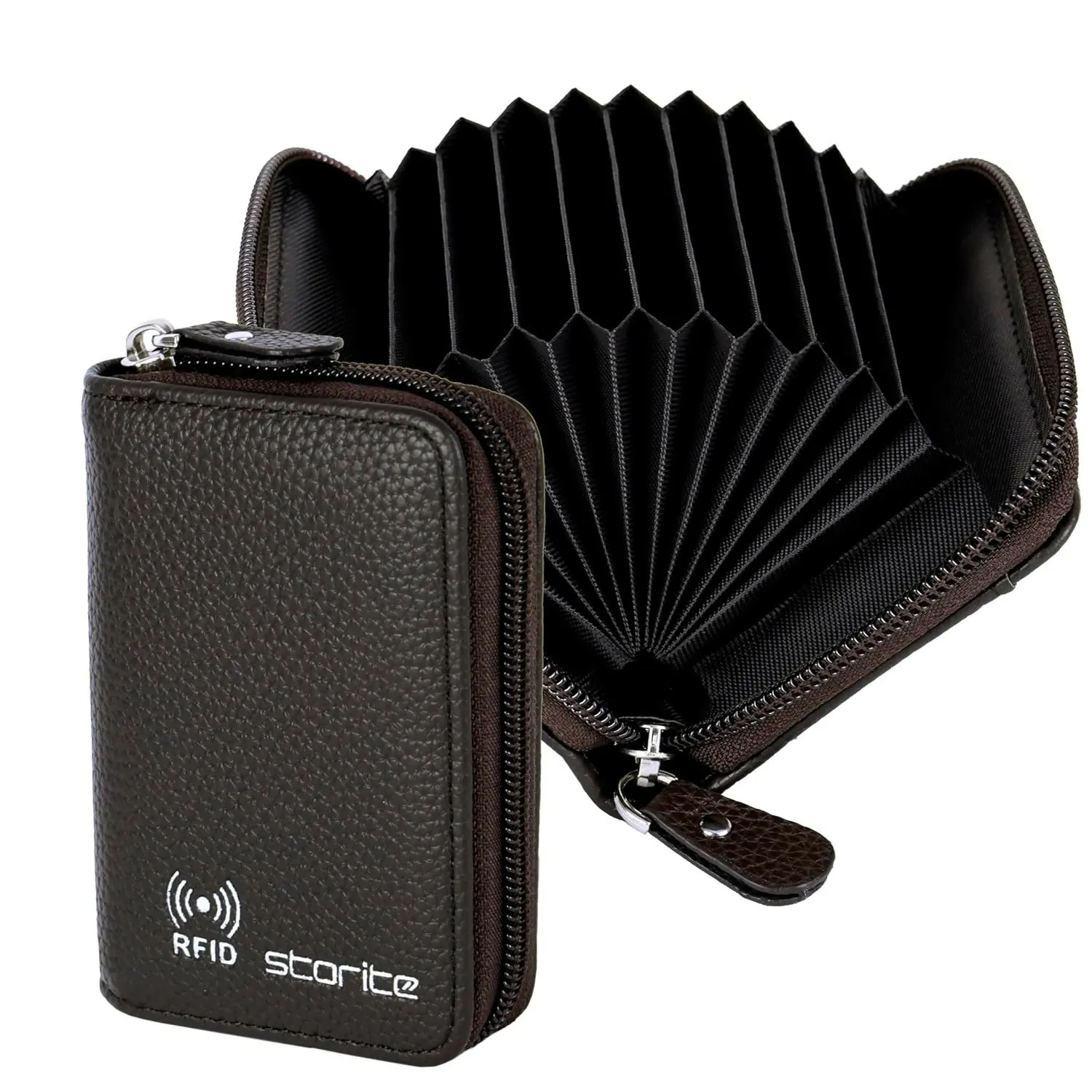 Leather 9-Slot Vertical Card Holder Wallet with Zipper Coin Purse (Light Brown)