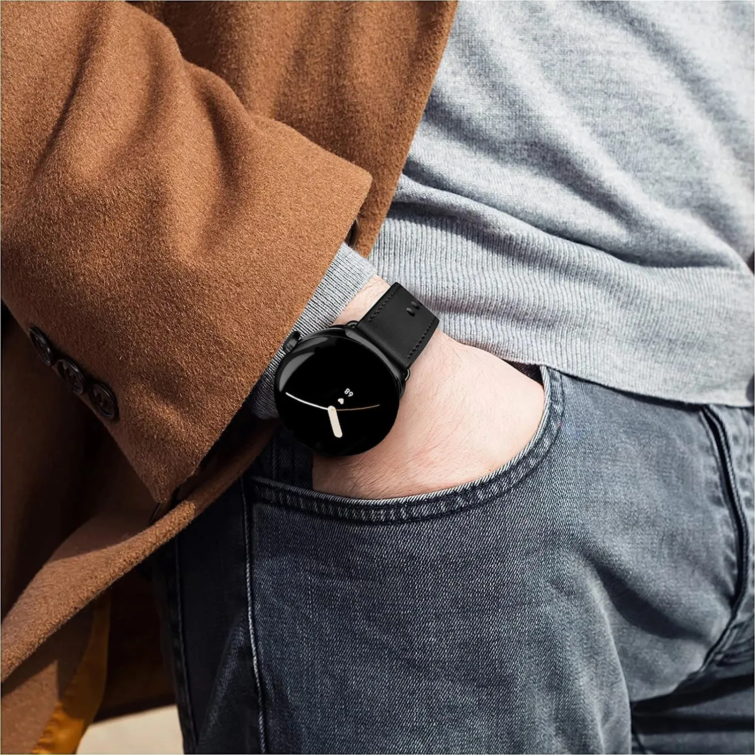 Leather Bands Compatible for Google Pixel Watch Band Leather for Men, Pixel Watch Wristband Adjustable Clasp Strap for Google Pixel Watch