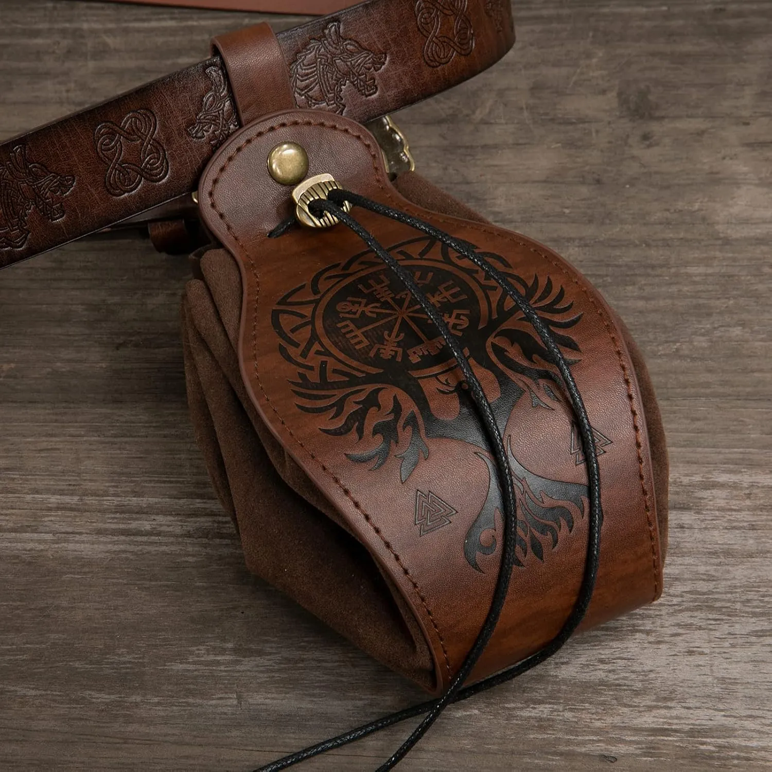 Leather Belt Pouch Medieval Vintage Renaissance Viking LARP Cosplay Costumes Drawstring Coin Purse Phone Holder Waist Bag (Dragon)