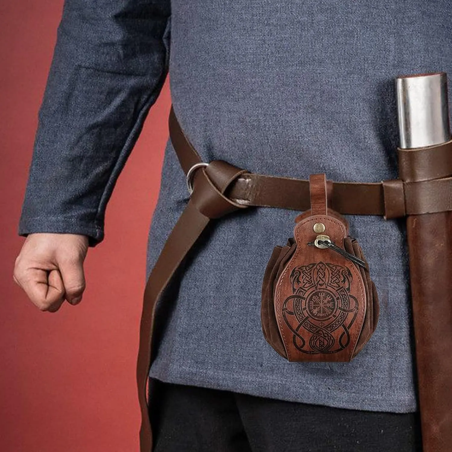 Leather Belt Pouch Medieval Vintage Renaissance Viking LARP Cosplay Costumes Drawstring Coin Purse Phone Holder Waist Bag (Dragon)