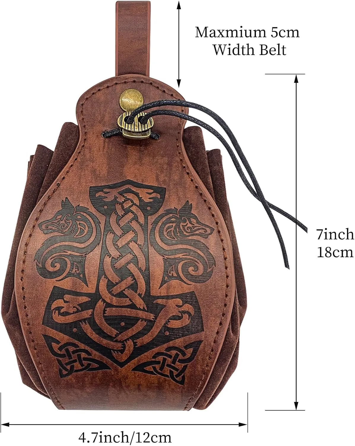 Leather Belt Pouch Medieval Vintage Renaissance Viking LARP Cosplay Costumes Drawstring Coin Purse Phone Holder Waist Bag (Mjolnir)