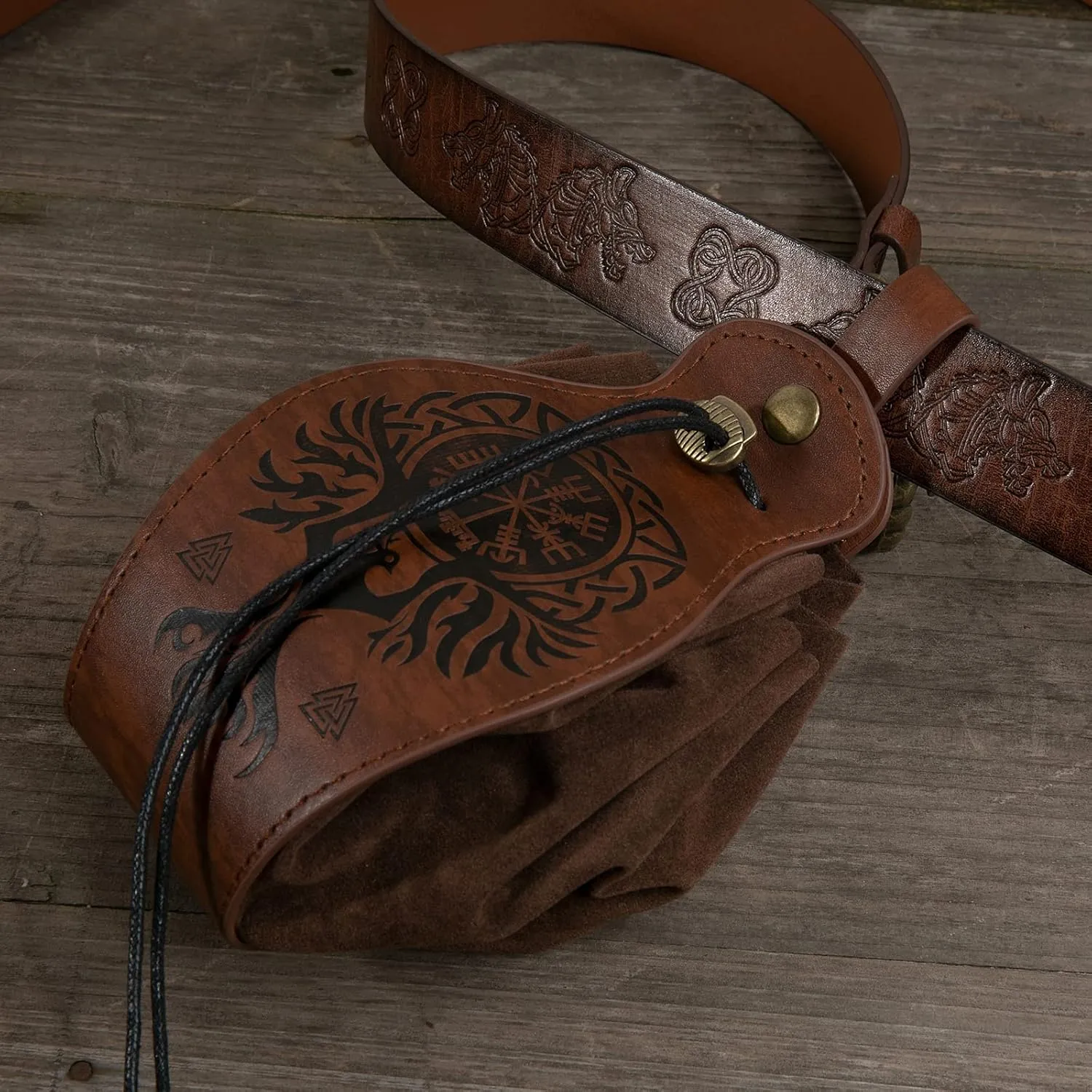 Leather Belt Pouch Medieval Vintage Renaissance Viking LARP Cosplay Costumes Drawstring Coin Purse Phone Holder Waist Bag (Mjolnir)