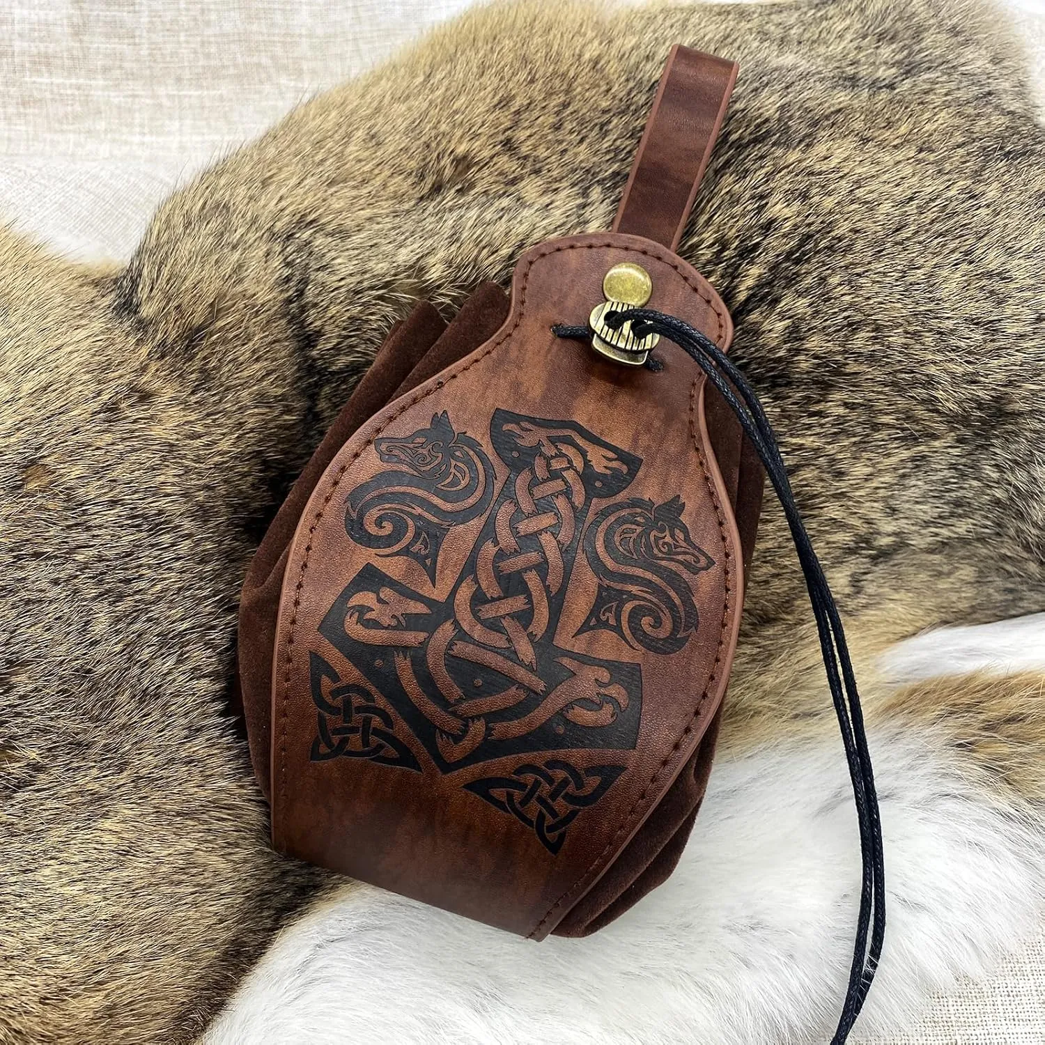 Leather Belt Pouch Medieval Vintage Renaissance Viking LARP Cosplay Costumes Drawstring Coin Purse Phone Holder Waist Bag (Mjolnir)