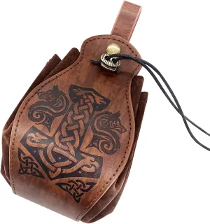 Leather Belt Pouch Medieval Vintage Renaissance Viking LARP Cosplay Costumes Drawstring Coin Purse Phone Holder Waist Bag (Mjolnir)
