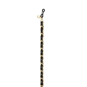 METAL GOLD & BLACK LEATHER EYEGLASS & MASK CHAIN-6-BLK