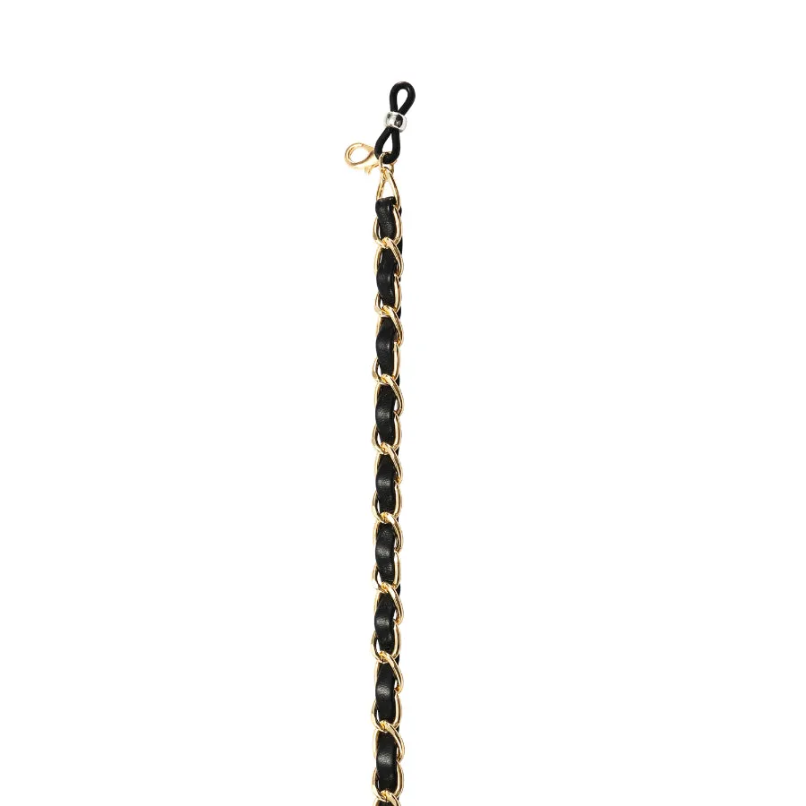 METAL GOLD & BLACK LEATHER EYEGLASS & MASK CHAIN-6-BLK