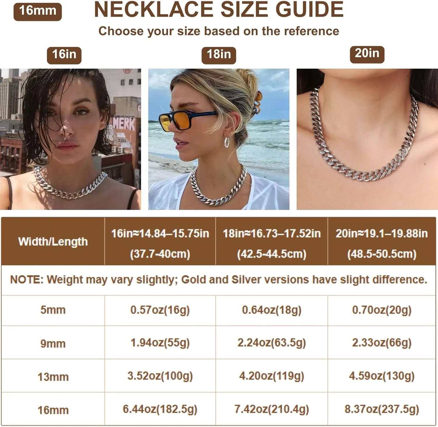 NOKMIT Chunky Cuban Link Curb Chain Necklace for Women Men Dainty 18K Gold Silver Tone Choker Thick Trendy Statement Diamond Cut Punk Hip Hop Cuban Chain Jewelry Gifts Unisex Size 5mm/9mm/13mm/16mm