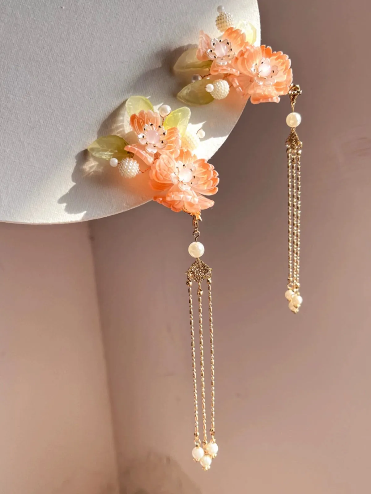 Nuan Ju 暖橘 Warm Orange Floral Pearl Hair Clips