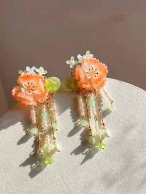 Nuan Ju 暖橘 Warm Orange Floral Pearl Hair Clips