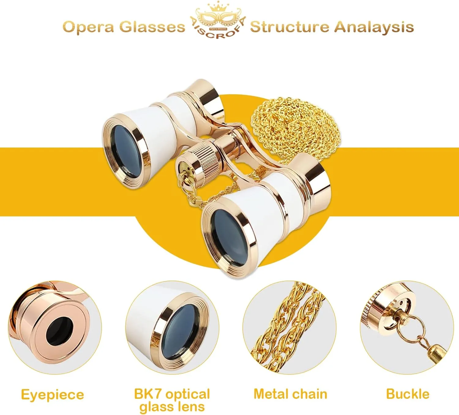 Opera Glasses Binoculars 3X25,Mini Binocular Compact Lightweight,with Chain for Adults Kids Women in Musical Concert (White with Chain)