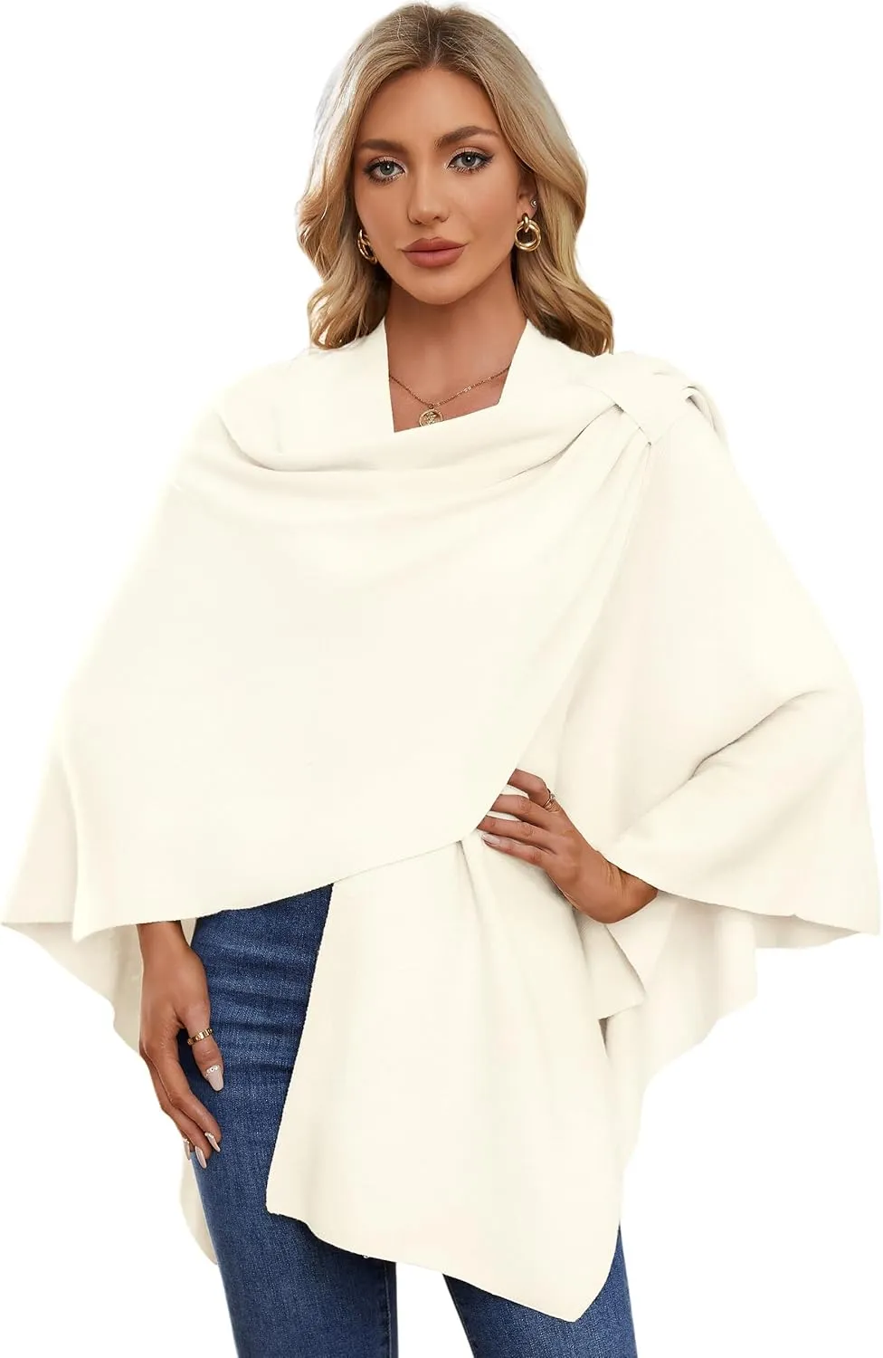 PULI Womens Large Cross Front Poncho Sweater Wrap Topper Knitted Elegant Shawls Cape for Fall Winter