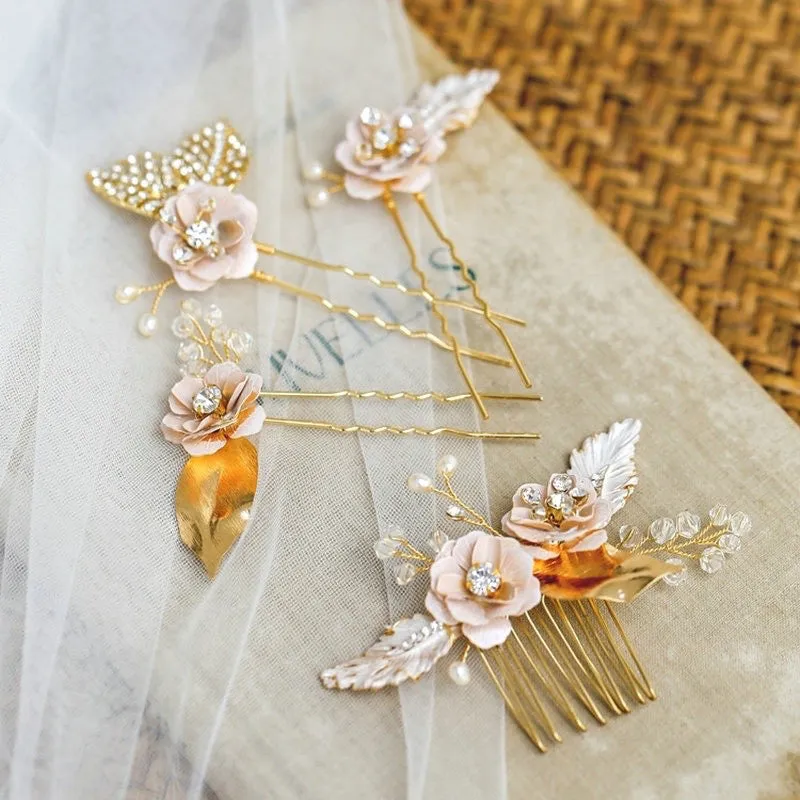 "Genevieve" - Bohemian Gold Bridal Headband, Hair Comb and Hair Pins Set