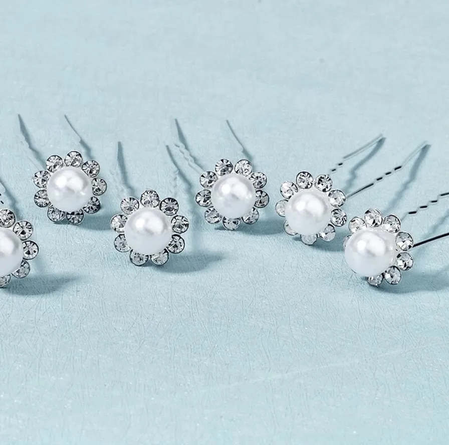 "Leia" - Pearl and Crystal Bridal Hair Pins - Set of 10