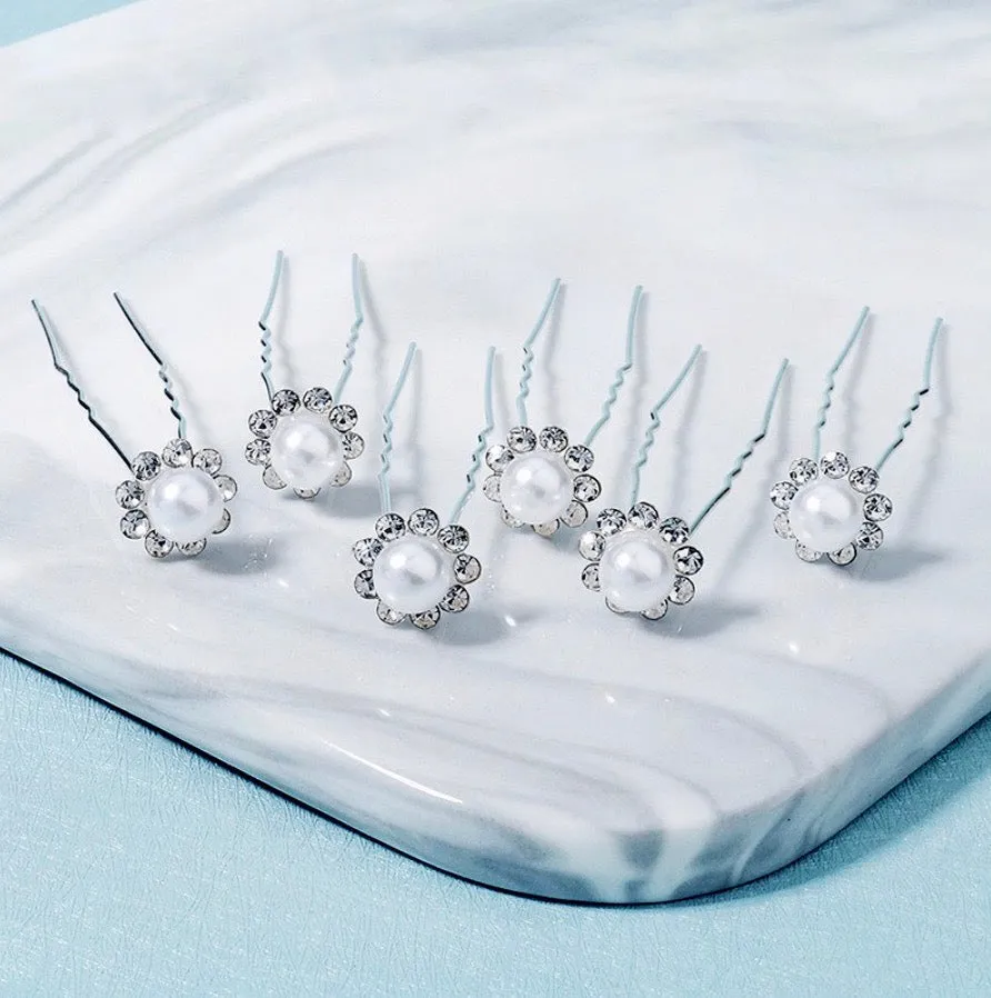 "Leia" - Pearl and Crystal Bridal Hair Pins - Set of 10