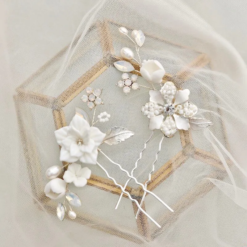 "Penelope" -  Pearl and Opal Bridal Hair Pin Set
