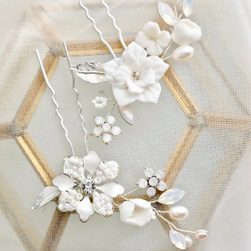 "Penelope" -  Pearl and Opal Bridal Hair Pin Set
