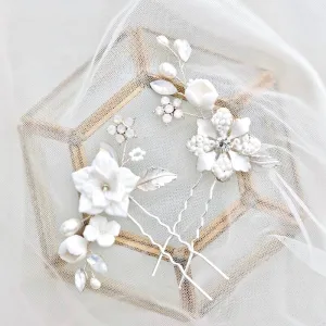 "Penelope" -  Pearl and Opal Bridal Hair Pin Set