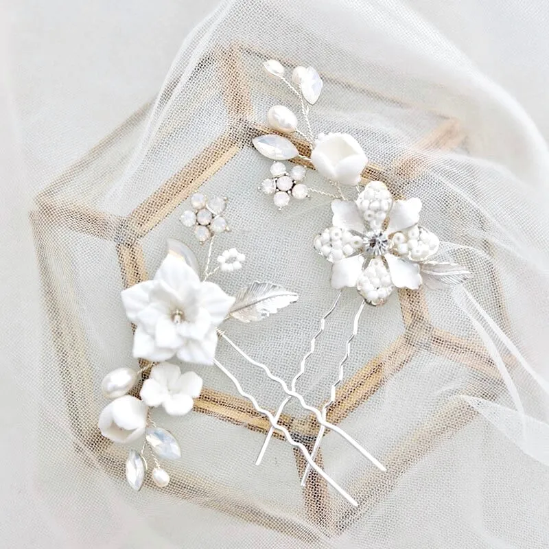 "Penelope" -  Pearl and Opal Bridal Hair Pin Set