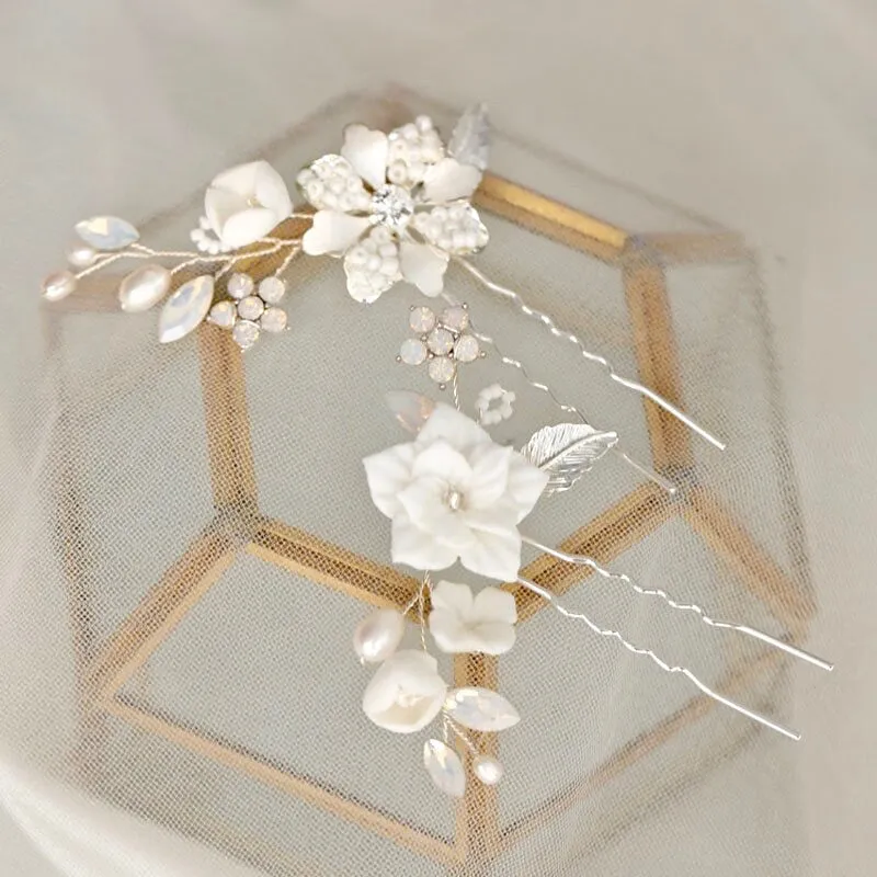 "Penelope" -  Pearl and Opal Bridal Hair Pin Set