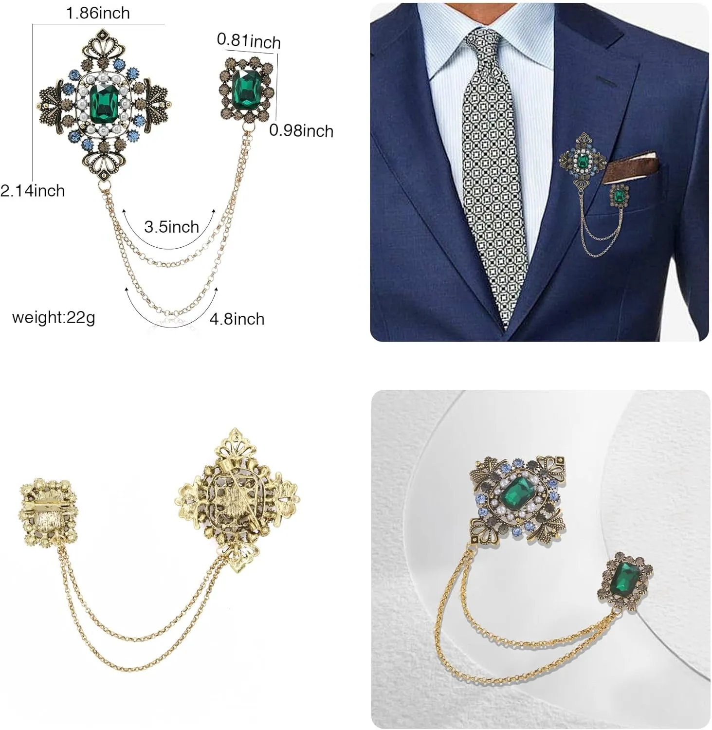 Retro Crystal Flower Geometry Lapel Pin for Men Rhinestone With Hanging Chain Brooch for Men Suit Fashion Gold Collar Pins for Men Women Gifts
