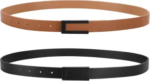 SANSTHS 2 Pack Skinny Leather Belts for Women, Ladies Thin Waist Belt for Dresses Jeans Pants with Gold Buckle