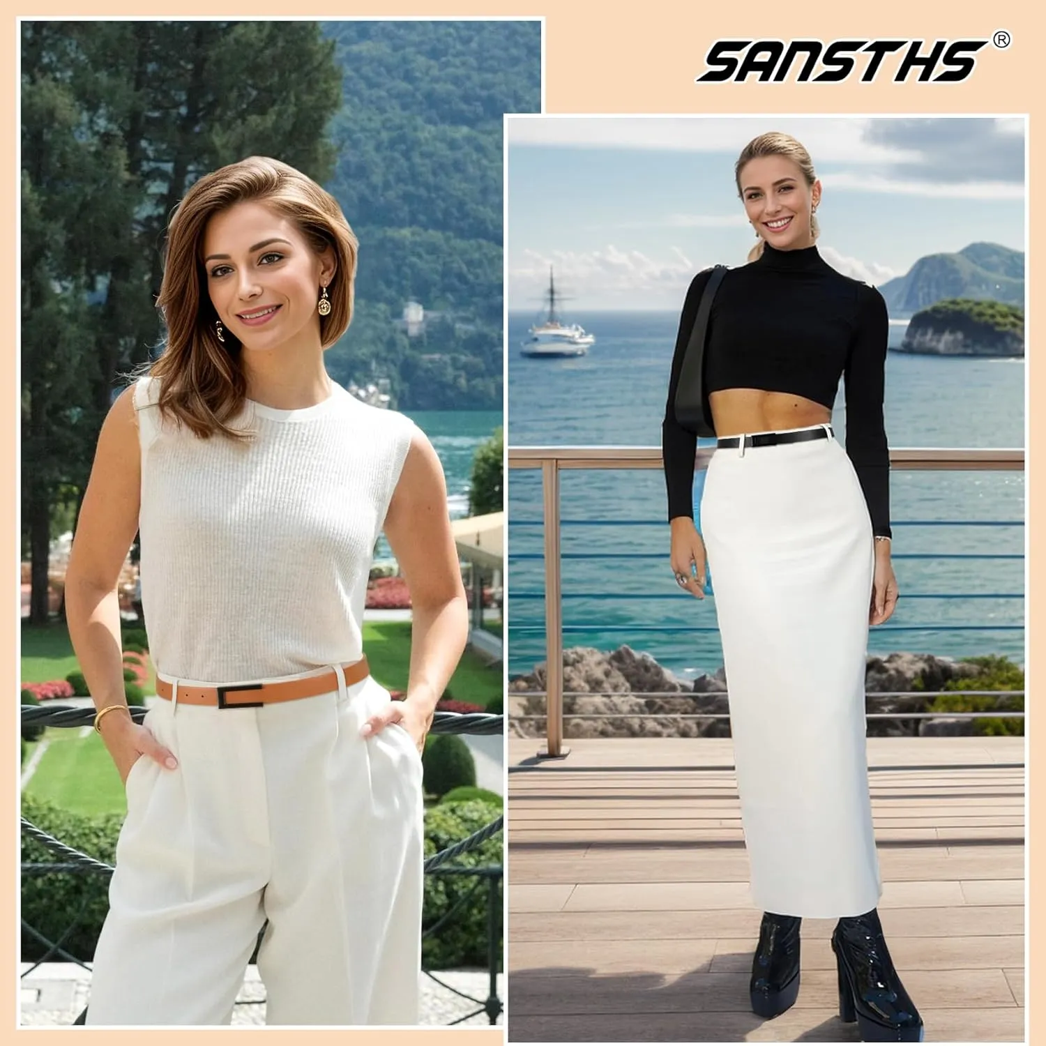 SANSTHS 2 Pack Skinny Leather Belts for Women, Ladies Thin Waist Belt for Dresses Jeans Pants with Gold Buckle