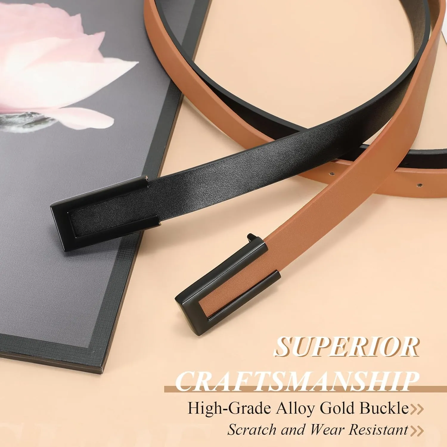 SANSTHS 2 Pack Skinny Leather Belts for Women, Ladies Thin Waist Belt for Dresses Jeans Pants with Gold Buckle