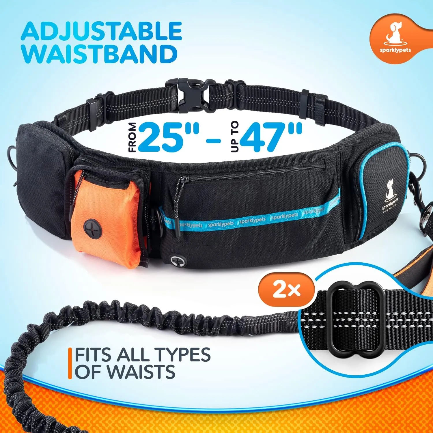 SparklyPets Active Waist Leash for Dog Walking Pack  Hands Free Dog Leash for Medium & Large Breeds  Complete Gear with Phone Holder, Detachable Poop Bag, Treat Pouch, and Bottle Holder