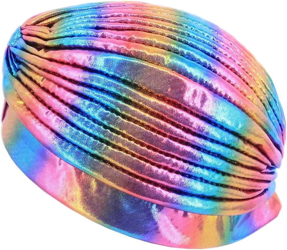 Surkat Unisex Metallic Arab India Pleated Turban Headwrap Swami Hat Costume Hat Chemo Cap