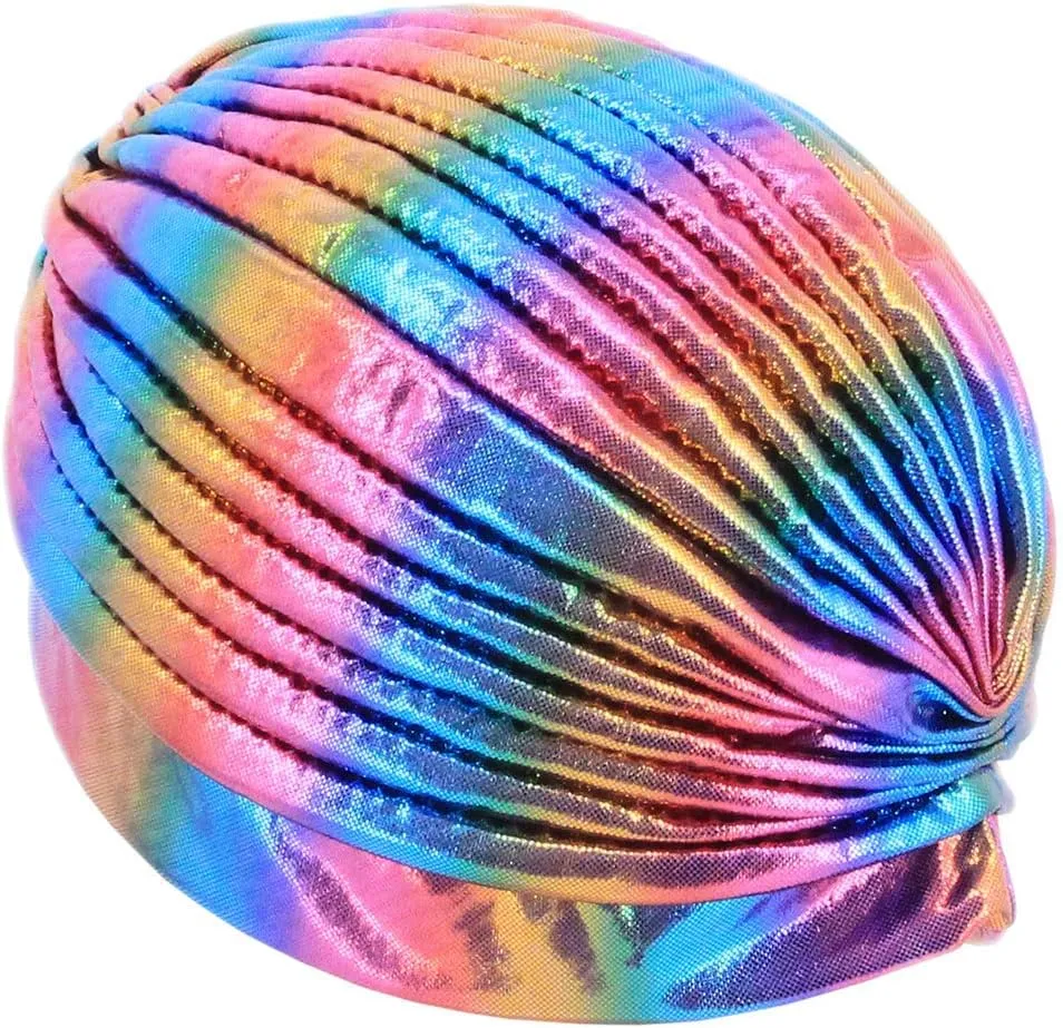 Surkat Unisex Metallic Arab India Pleated Turban Headwrap Swami Hat Costume Hat Chemo Cap
