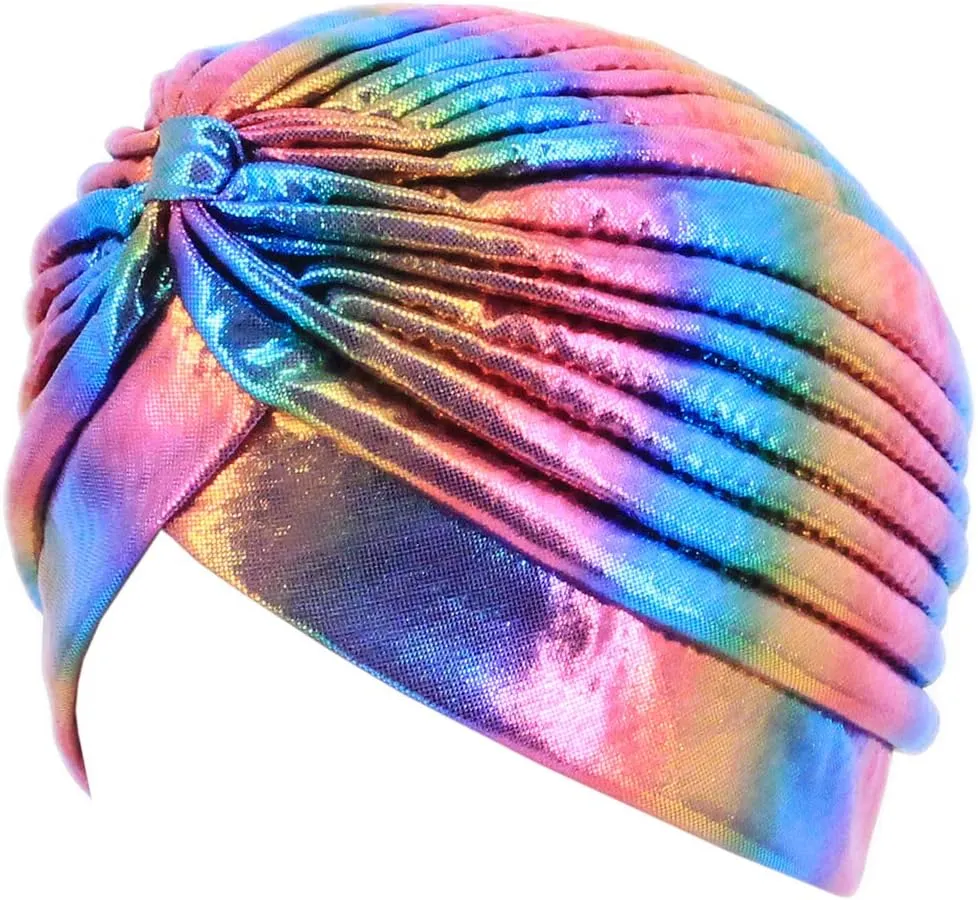 Surkat Unisex Metallic Arab India Pleated Turban Headwrap Swami Hat Costume Hat Chemo Cap