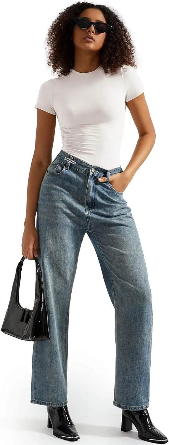 SUUKSESS Women Double Lined Fitted Basic Tee Crew Neck Short Sleeve Y2K Crop Top