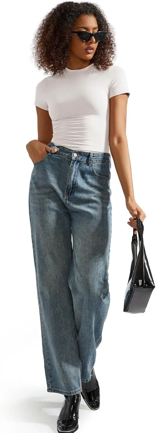 SUUKSESS Women Double Lined Fitted Basic Tee Crew Neck Short Sleeve Y2K Crop Top