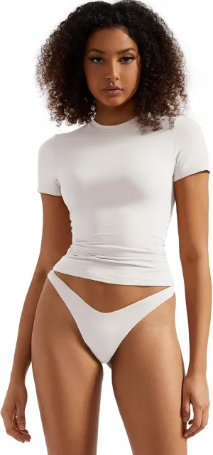 SUUKSESS Women Double Lined Fitted Basic Tee Crew Neck Short Sleeve Y2K Crop Top