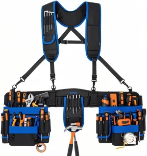 Tool Belt Suspenders, 33-Pocket Electrician Tool Belt, Tool Belts for Men with Detachable & Adjustable Tool Pouches Bag for Framers, Carpenter, Roofing, Contractor33''-48'') Blue