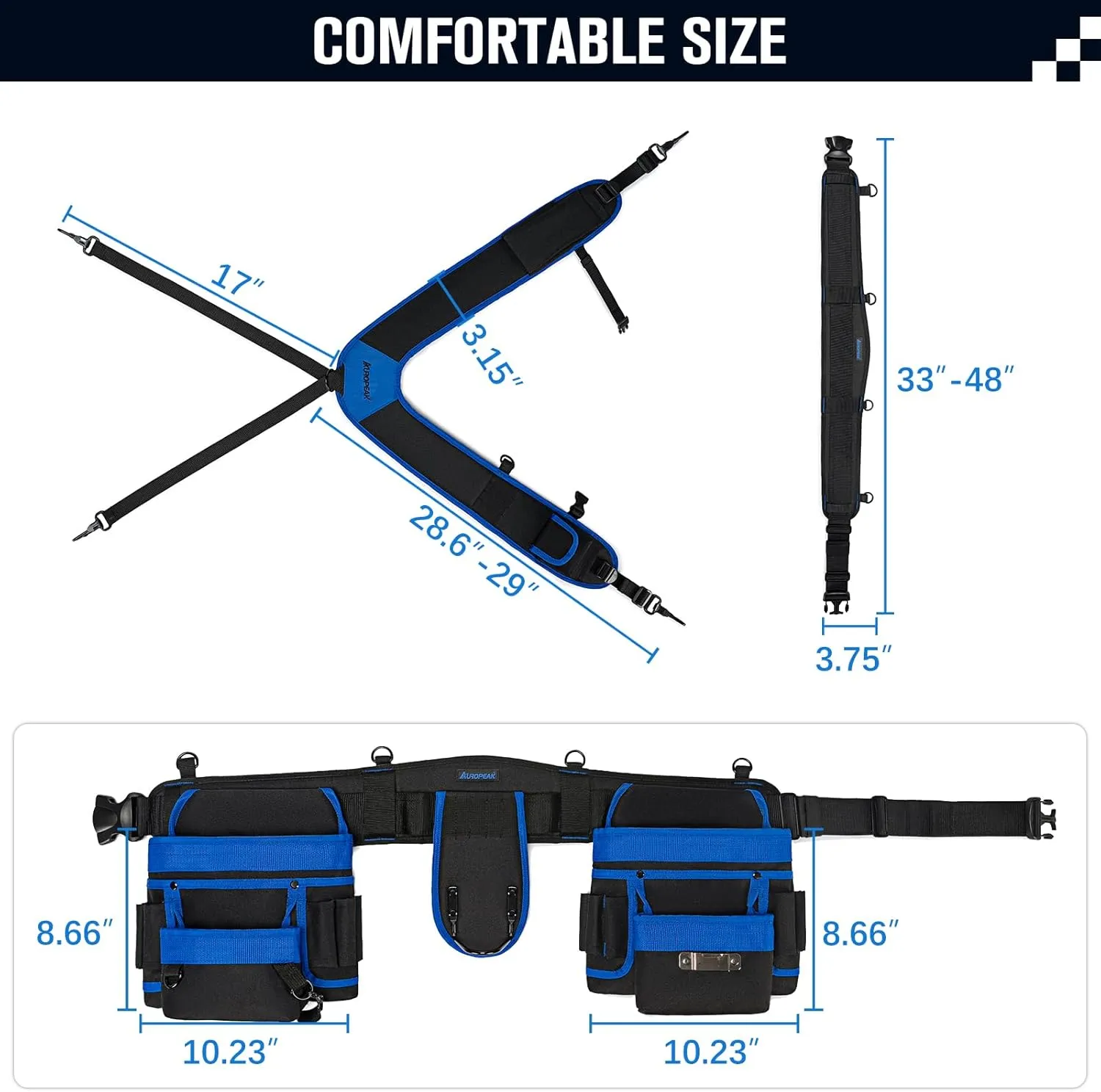 Tool Belt Suspenders, 33-Pocket Electrician Tool Belt, Tool Belts for Men with Detachable & Adjustable Tool Pouches Bag for Framers, Carpenter, Roofing, Contractor33''-48'') Blue