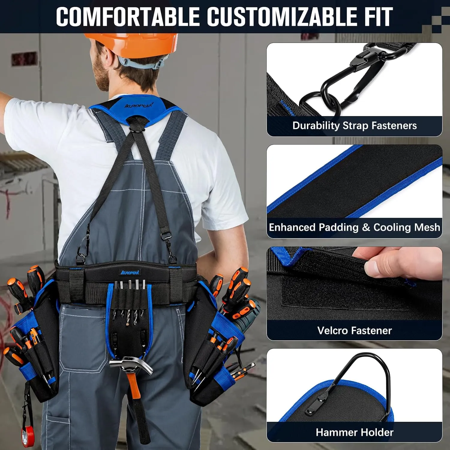 Tool Belt Suspenders, 33-Pocket Electrician Tool Belt, Tool Belts for Men with Detachable & Adjustable Tool Pouches Bag for Framers, Carpenter, Roofing, Contractor33''-48'') Blue