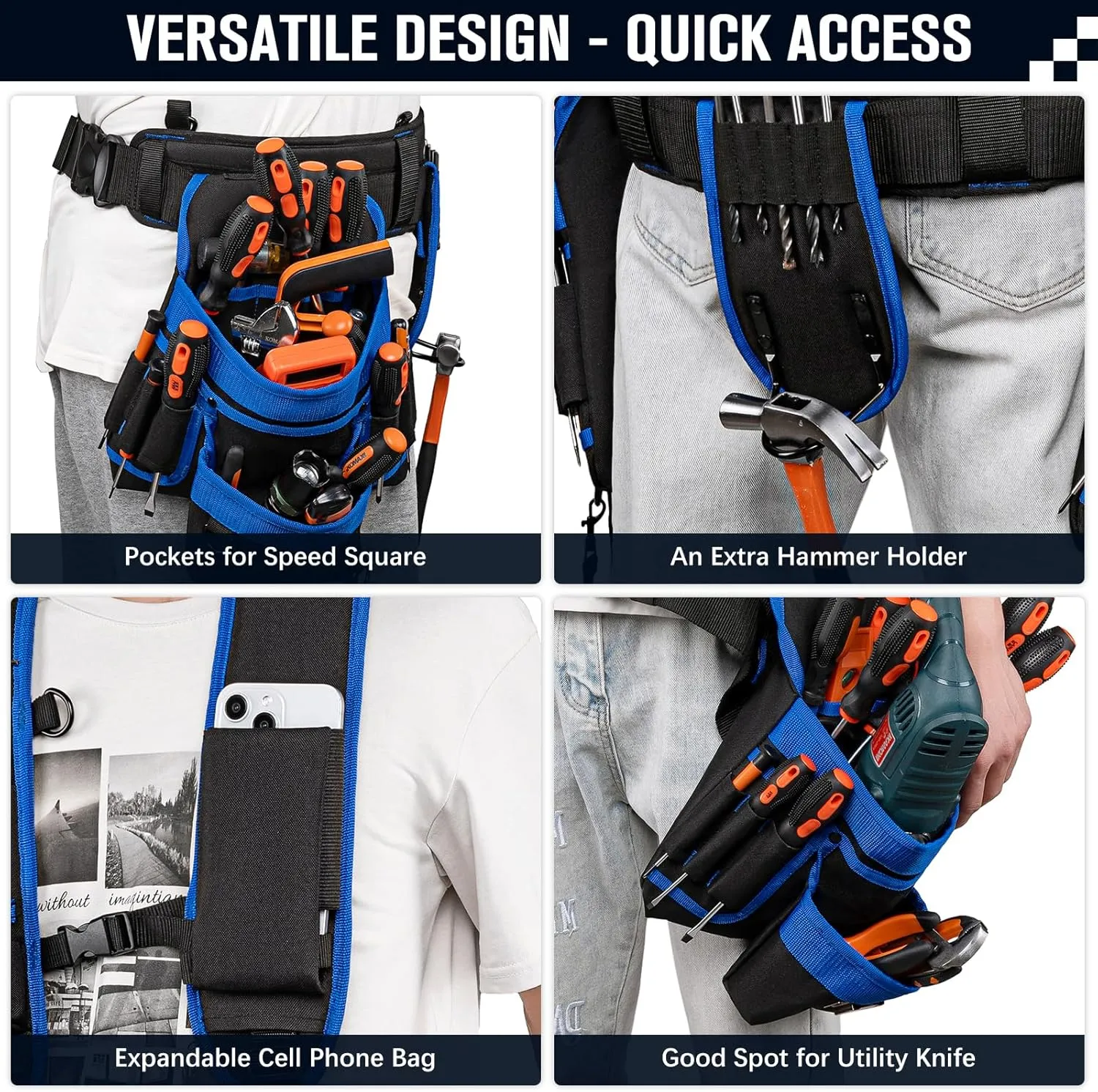 Tool Belt Suspenders, 33-Pocket Electrician Tool Belt, Tool Belts for Men with Detachable & Adjustable Tool Pouches Bag for Framers, Carpenter, Roofing, Contractor33''-48'') Blue
