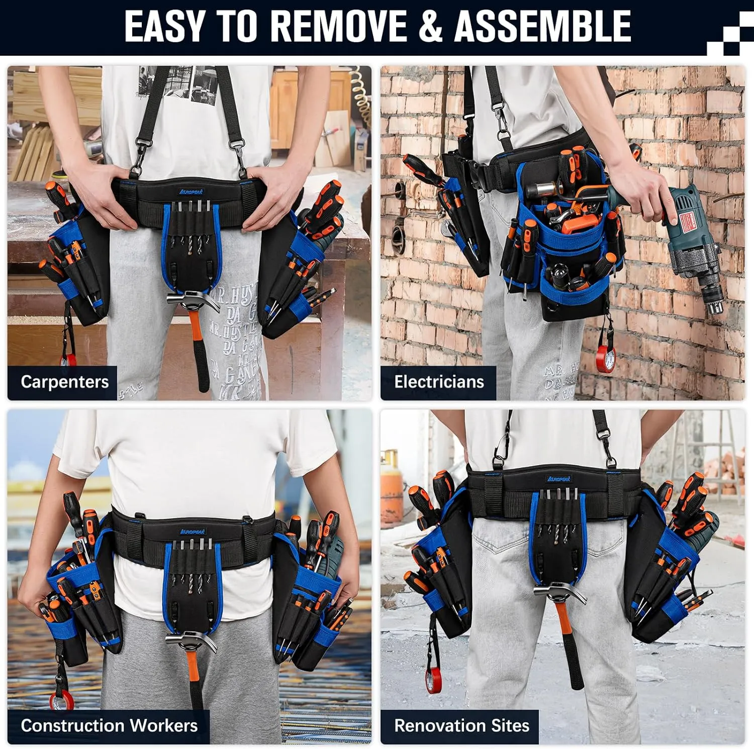 Tool Belt Suspenders, 33-Pocket Electrician Tool Belt, Tool Belts for Men with Detachable & Adjustable Tool Pouches Bag for Framers, Carpenter, Roofing, Contractor33''-48'') Blue