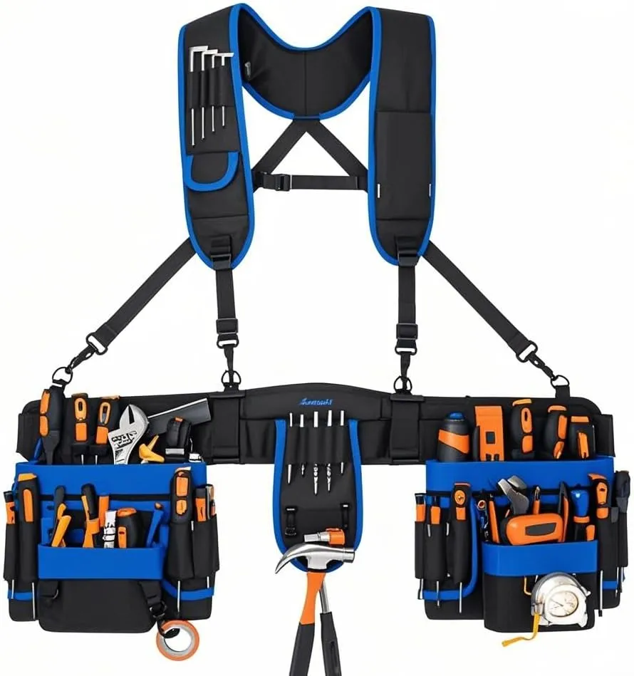 Tool Belt Suspenders, 33-Pocket Electrician Tool Belt, Tool Belts for Men with Detachable & Adjustable Tool Pouches Bag for Framers, Carpenter, Roofing, Contractor33''-48'') Blue