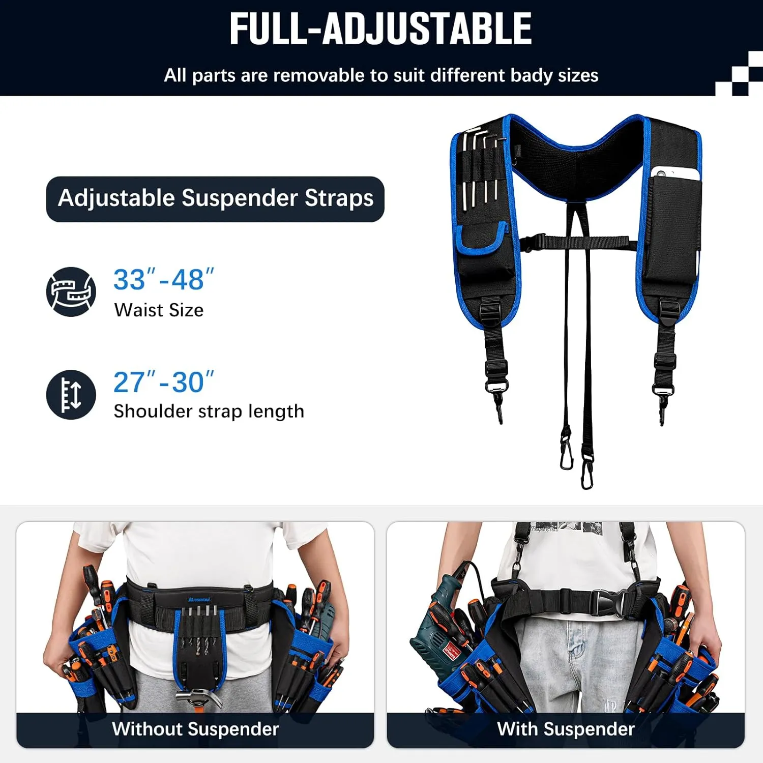 Tool Belt Suspenders, 33-Pocket Electrician Tool Belt, Tool Belts for Men with Detachable & Adjustable Tool Pouches Bag for Framers, Carpenter, Roofing, Contractor33''-48'') Blue
