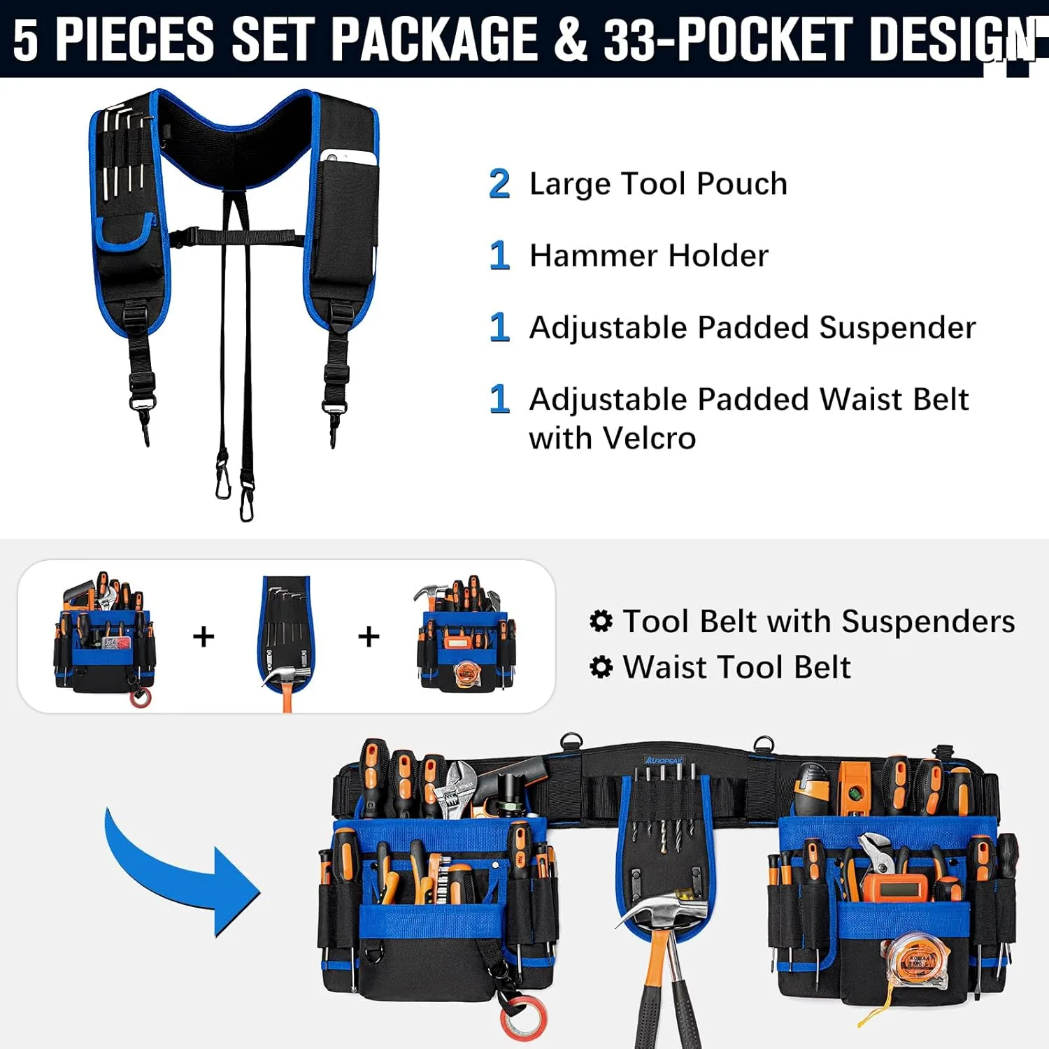 Tool Belt Suspenders, 33-Pocket Electrician Tool Belt, Tool Belts for Men with Detachable & Adjustable Tool Pouches Bag for Framers, Carpenter, Roofing, Contractor33''-48'') Blue