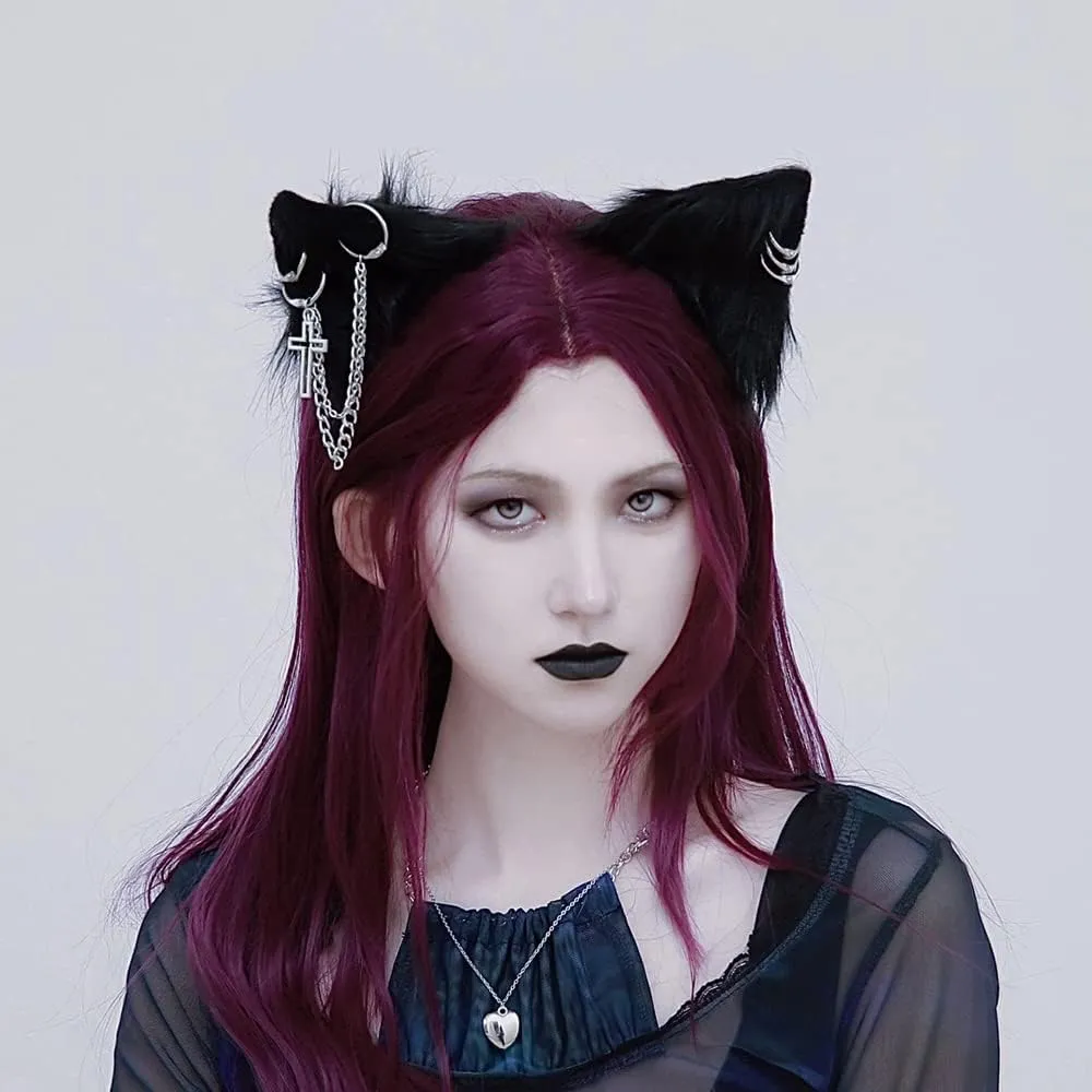 VIGVAN Cat Cosplay Ears Accessories Punk Gothic Cross Cat Ears Headbands Clips