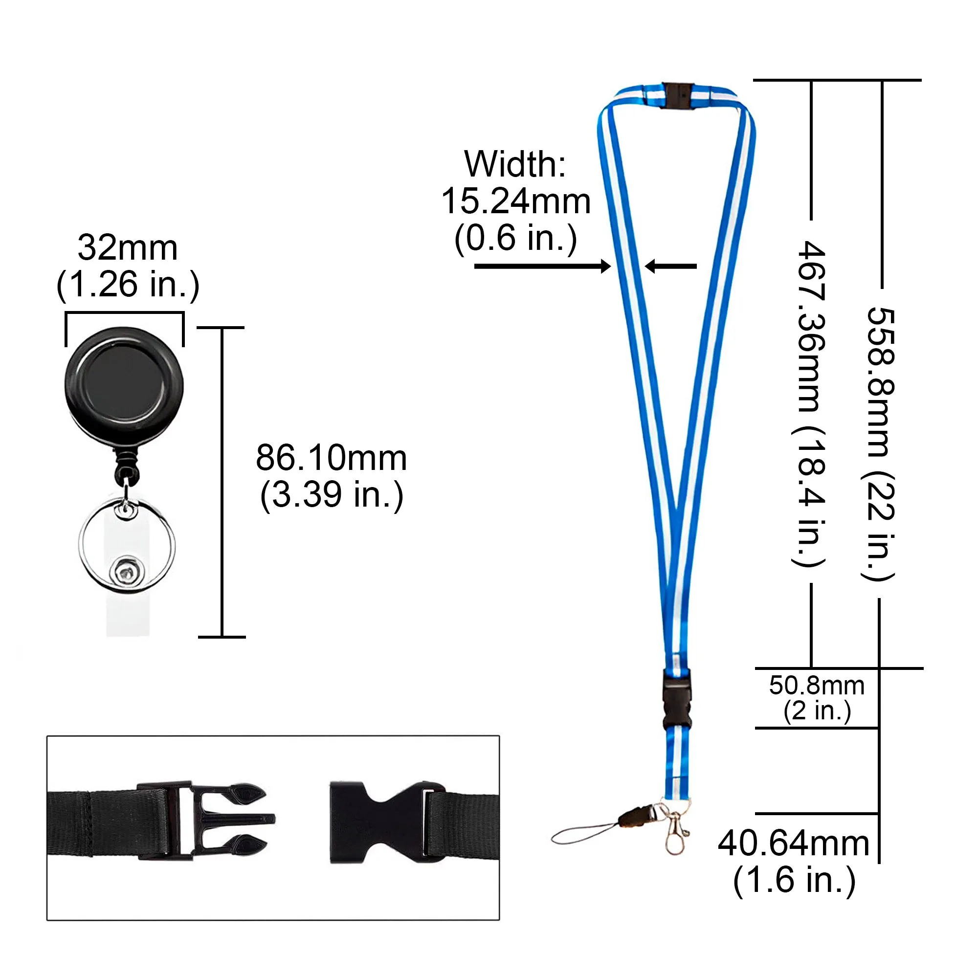 Visionis FPC-9408 Pack of 5 Blue and White Retractable Lanyard with Detachable Breakaway Clear Badge Holder and Keychain Clip Durable ID Neck Strap for Keys, Badges, and Access Control Cards